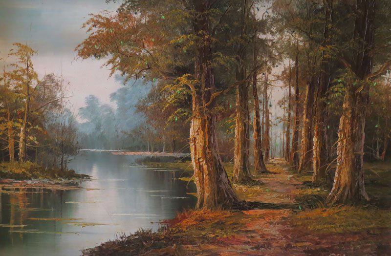 Large Modern Oil on Canvas Trees and Path by Lake. Good (1 of 1)
