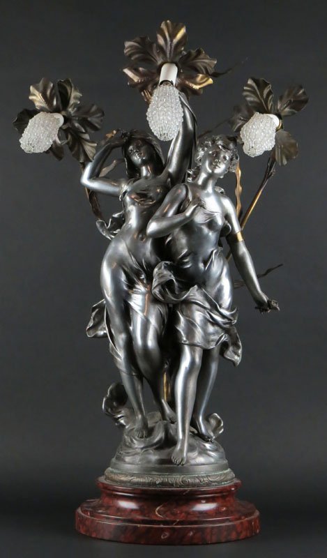 Hippolyte FranÄ“ois Moreau French (1832-1927) Art: Hippolyte FranÄ“ois Moreau French (1832-1927) Art Nouveau White Metal Lamp Sculpture Mounted on Rouge Marble Base. Signed Rear of Sculpture Well as Original Brass Nameplate. Arm with Break and Repa