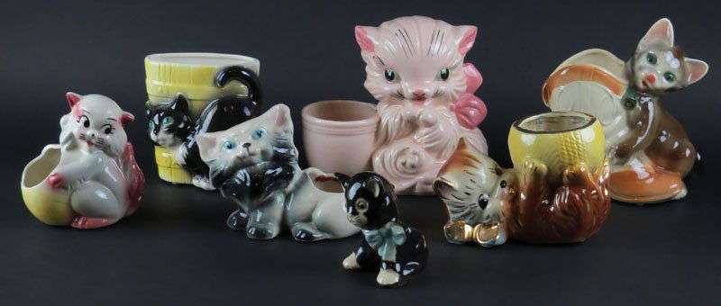 Collection of Seven (7) Figural Ceramic Cat Planters. (1 of 1)