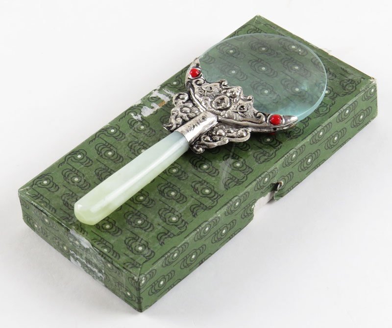 Chinese Jade and Silver Magnifying Glass with Four (4): Chinese Jade and Silver Magnifying Glass with Four (4) Coral Jewels. Unsigned. Good Condition. Measures 5-1/2 Inches Long. Shipping $20.00