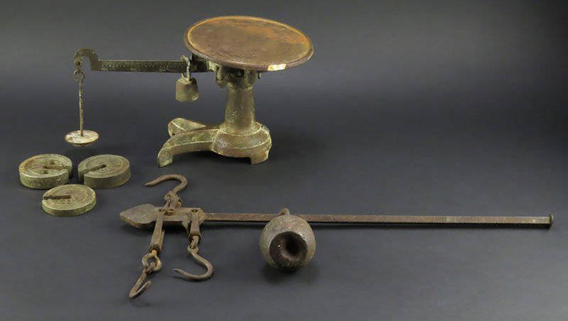 Cast Iron Scale Together With Weights And Antique Stick
