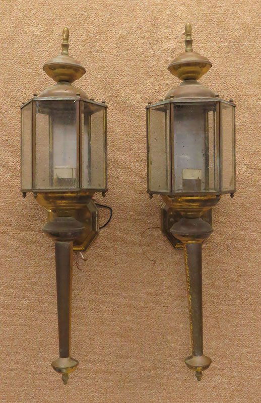 Two (2) Outdoor Brass Electrified Coach Lights.: Two (2) Outdoor Brass Electrified Coach Lights. Unsigned. Wear to Finish Otherwise Good Condition. Measures 28 Inches Tall and 6 Inches Wide. Shipping $65.00