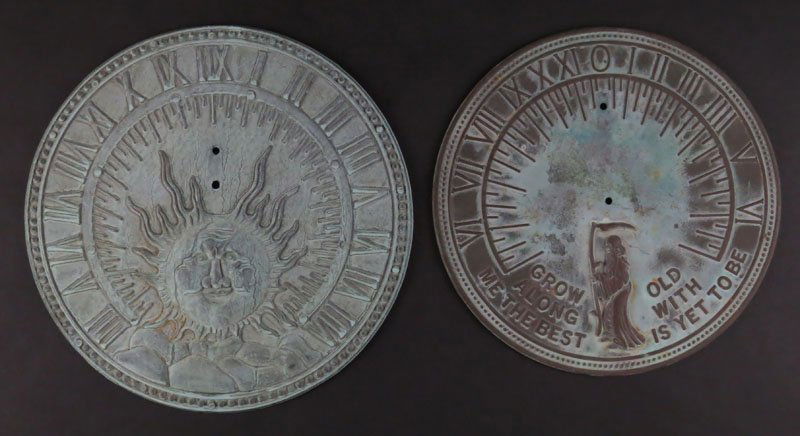 Two (2) Vintage Sundials With Roman Numerals. Unsigned.: Two (2) Vintage Sundials With Roman Numerals. Unsigned. Missing Pointed Dial, Otherwise Good Condition. Largest Measures 11 Inches Diameter. Shipping $20.00