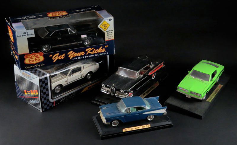 Collection of Five (5) Die-cast Metal Cars Including:: Collection of Five (5) Die-cast Metal Cars Including: 1966 Nova Street Machine Black, In Original Box, 1968 Shelby GT-500KR White, In Original Box, 1969 Plymouth Barracuda Green, 1958 Edsel Citation B