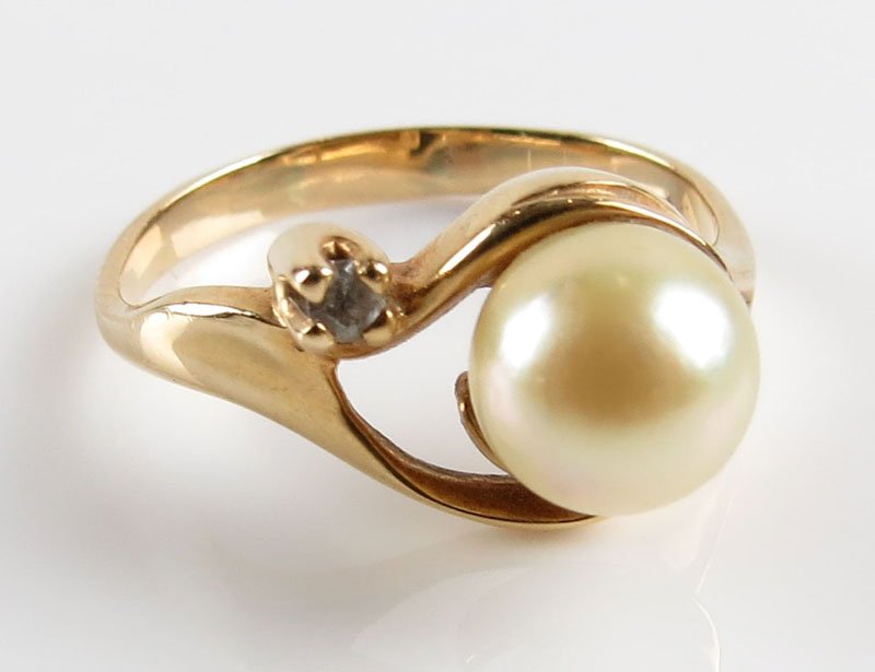 14 Karat Yellow Gold, Diamond and Pearl Ring, Size (1 of 1)