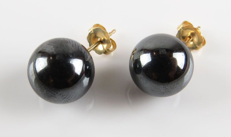 14 Karat Yellow Gold and Hematite Ball Earrings. Signed (1 of 1)