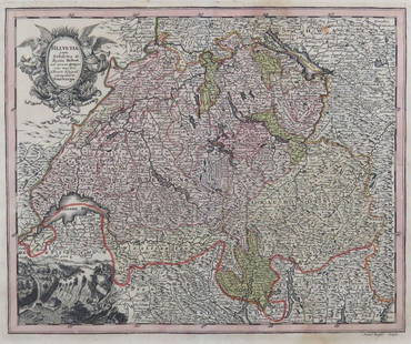 18th Century Johann Christoph Weigel (1654-1725/1726): 18th Century Johann Christoph Weigel (1654-1725/1726) Nurnberg, Germany Copperplate Engraving and Hand Painted Watercolor Map "Helvetia cum subditis & sociis helvet ad usum tempo vis nestri" German Ma