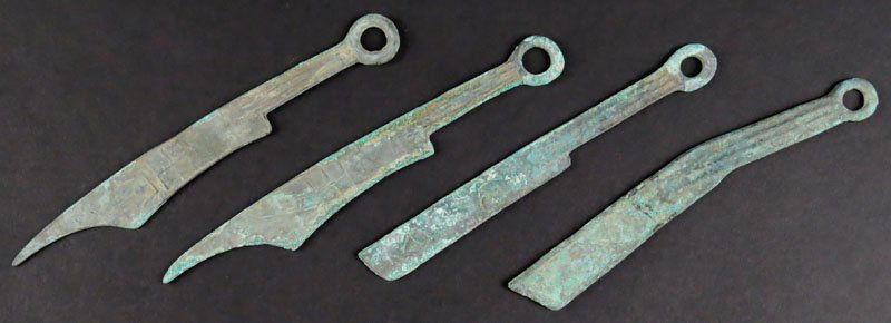 Four (4) Antique Chinese Bronze Knife Money Pieces. (1 of 1)