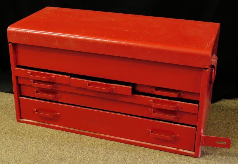 Vintage Snap-on Six (6) Drawer Tool Box Chest. Model: Vintage Snap-on Six (6) Drawer Tool Box Chest. Model Unknown. Repainted, Has Dents, Original Lock Missing Otherwise Good Condition. Measures 26 Inches Long and 14 Inches Tall. We Will Not Ship This It