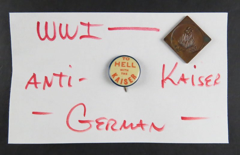 Unusual Anti Nazi Square Coin or Token Depicting Nazi: Unusual Anti Nazi Square Coin or Token Depicting Nazi Insignia Being Burned by a Fire with a #10 on the Obverse together with Original WWI "To Hell with the Kaiser" Pin/Button. Measures 3/4 Inch Diame