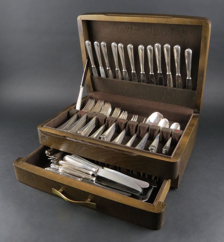 Ninety Seven (97) Piece Bremer Silberschmied: Ninety Seven (97) Piece Bremer Silberschmied Silverplate Platura BSF 90 Dinner and Luncheon Flatware Service. Service Includes: 12 Knives Measuring 9-3/4, 11 Luncheon Knives Measuring 8-1/2, 12 Dinner