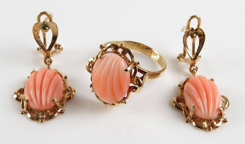 14 Karat Yellow Gold and Pink Coral Ring and Earrings (1 of 1)