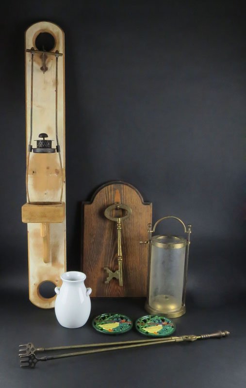 Key to the City Plaque, Two (2) Duck Trivets, Brass: Key to the City Plaque, Two (2) Duck Trivets, Brass Firetong, Brass and Glass Candle Holder and One (1) Ceramic Pot Made in China. We Will Not Ship This Item In-House Due to Its Size, But Would Be Hap