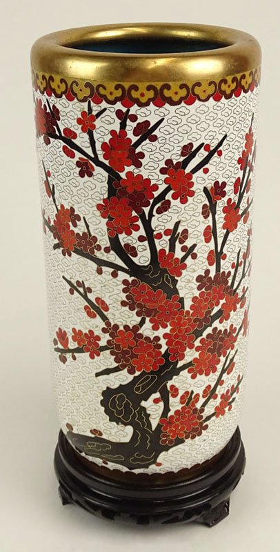 CloisonnÃ© Modern Chinese Vase with Blood Red Cherry: CloisonnÃ© Modern Chinese Vase with Blood Red Cherry Blossoms on Black Tree, White Ground Accented by Cloud Like wire Accent. Aqua Blue Interior. Measures 10 Inches Tall. Shipping $35.00