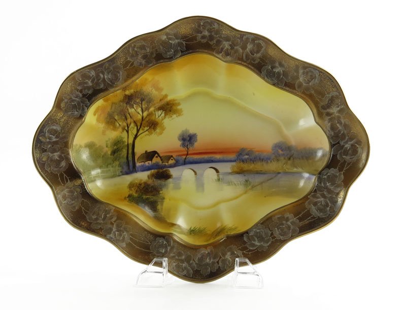 Vintage Hand Painted Nippon Japan Porcelain Bowl.: Vintage Hand Painted Nippon Japan Porcelain Bowl. Signed. Good Condition. Measures 1-3/4 Inches Tall and 11-3/4 Inches Wide. Shipping $20.00