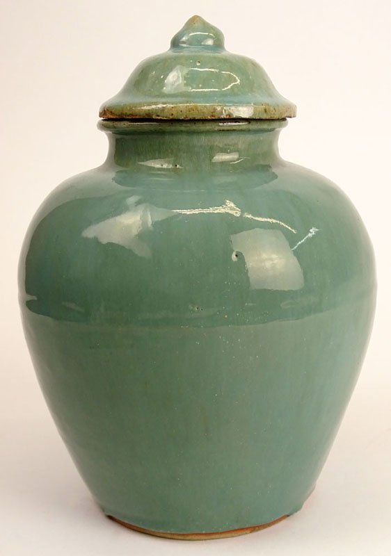 Chinese Celadon Glazed Terracotta Lidded Ginger Jar. (1 of 1)