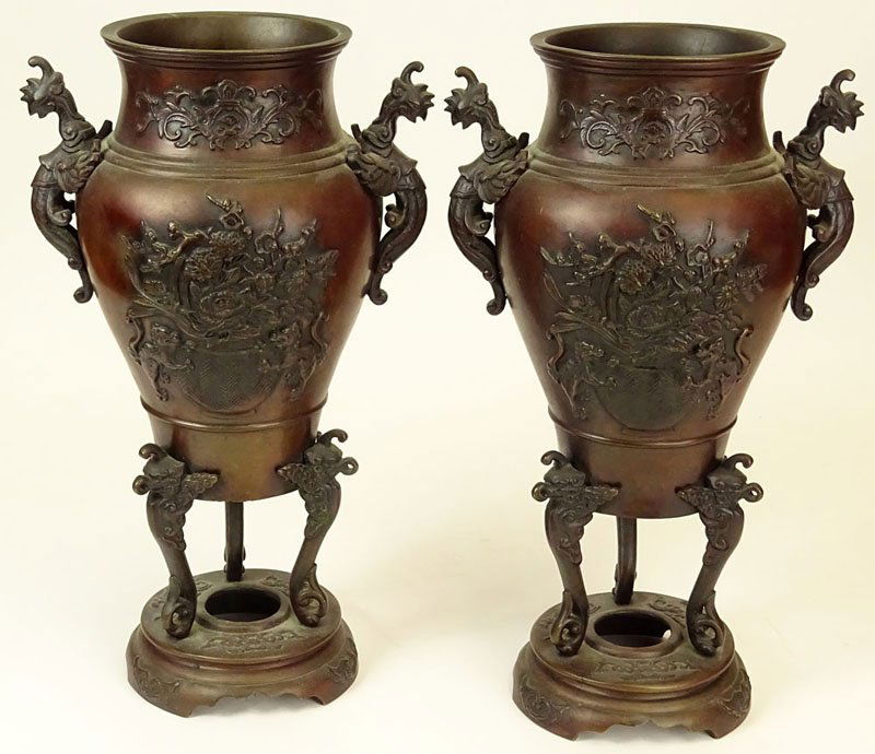 Pair Antique Japanese Bronze Urns. Figural Handles and (1 of 1)