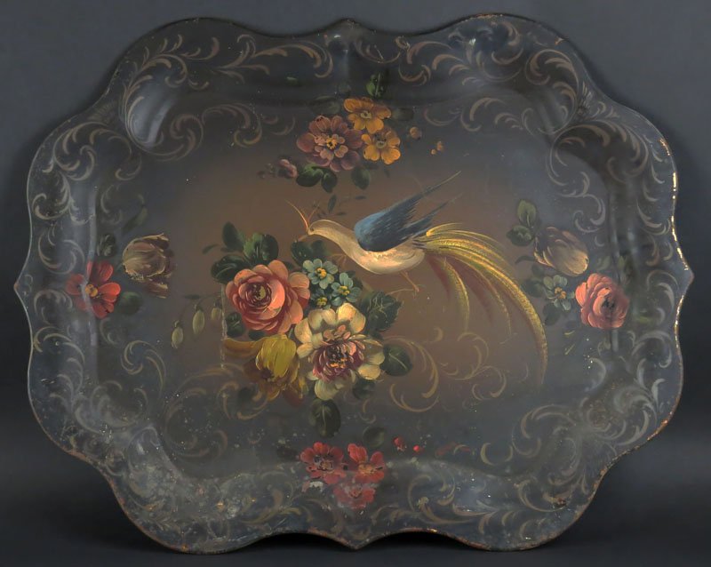 Vintage Hand Painted Tole Tray with Pheasant and Flower: Vintage Hand Painted Tole Tray with Pheasant and Flower Decoration. Artist Signed Chetter. Paint Loss and Rust to Rim. Please Examine This Item Carefully Before Bidding. Measures 19-1/2 Inches by 25 I