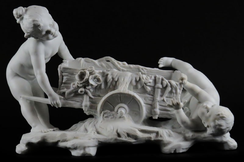 Auguste Louis Mathurin Moreau French (1834-1917) Parian: Auguste Louis Mathurin Moreau French (1834-1917) Parian Bisque Porcelain Sculpture. Signed. Chip to Toes of Fallen Figure and the Other Figure Missing Rear Part of Wagon Handle or else Good Condition.