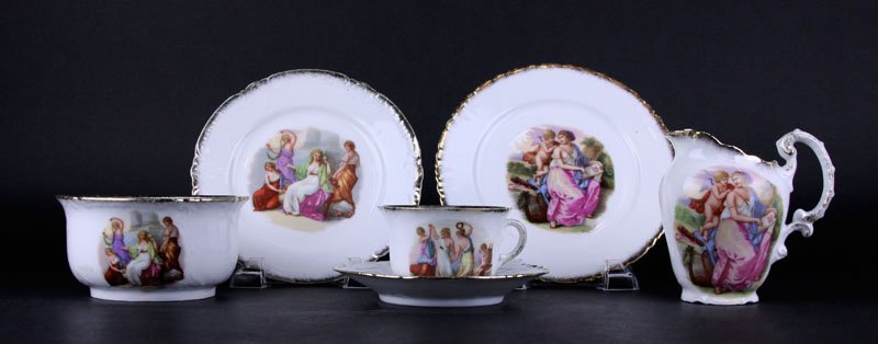 Forty Seven (47) Porcelain Dessert Service. Includes:: Forty Seven (47) Porcelain Dessert Service. Includes: 15 Dessert Plates Measuring 7-1/4 Inches, 15 Cup and Saucer Sets, Sugar and Creamer. Signed BB (one in reverse) and Crown. Ubbing, Wear from Use o