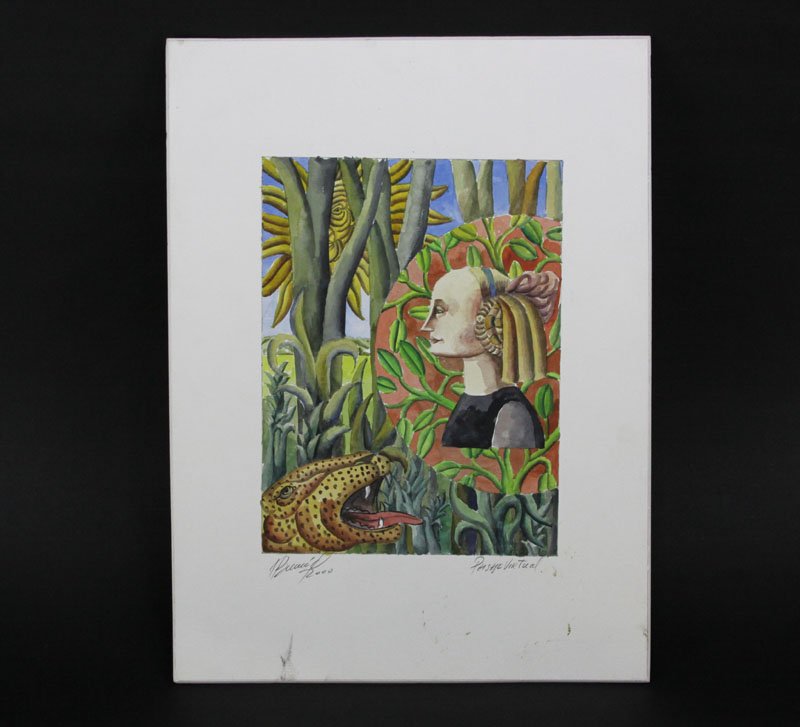 Henry Bermudez Venezuelan (20th Century) Watercolor on: Henry Bermudez Venezuelan (20th Century) Watercolor on Cardboard with Heightener "Paisaje Virtual" Circa 2000. Signed Lower Left and Dated 2000, Titled Lower Right. Spotting Lower Right Beneath Title 