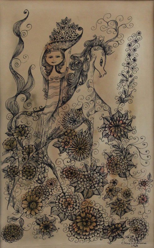 Clara Ledesma Dominican Republic (1924-1999) Pen and: Clara Ledesma Dominican Republic (1924-1999) Pen and Ink and Watercolor "Woman Riding Unicorn" Circa 1966. Signed Lower Right and Dated 1966. Toning to Paper. Please Examine This Item Carefully Before