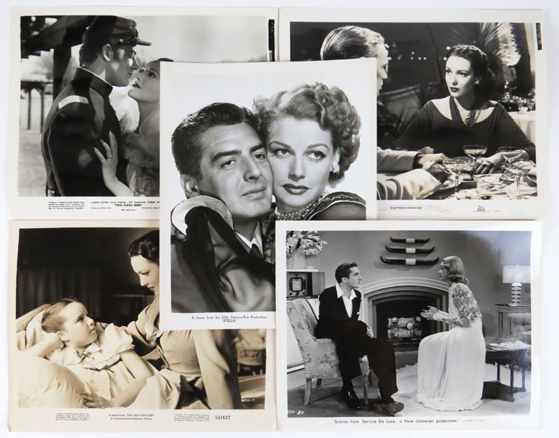 Five (5) Movie Star Studio Publicity Photographs from: Five (5) Movie Star Studio Publicity Photographs from the Following Movies: Slattery's Hurricane, Two Flags West, The Lady Pays Off, Stella and Scenes from Service De Luxe. Images Measure 8 Inches by 