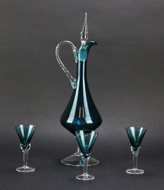 Mid Century Blue Glass Crystal Decanter wwith Three (3) (1 of 1)