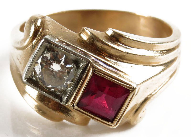 14 Karat Yellow and White Gold, Diamond and Ruby Mans (1 of 1)