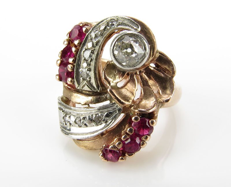 Retro 14 Karat Rose and White Gold, Diamond and Ruby (1 of 1)