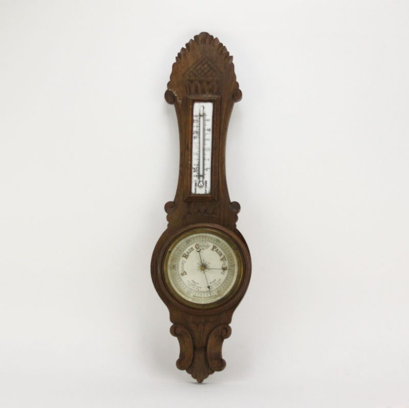 Old Wooden Barometer. Unsigned. Has Porcelain Plate Und: Old Wooden Barometer. Unsigned. Has Porcelain Plate Under Thermometer. Good General Condition. Measures 23-3/8 Inches Tall and 7 Inches Wide. Shipping $36.00