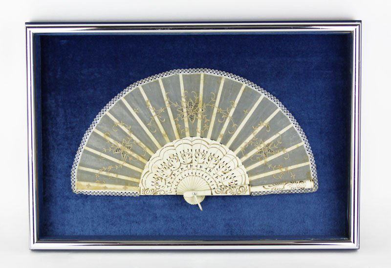Embroidered Fan Mounted in Shadowbox Sans Glass Front. (1 of 1)