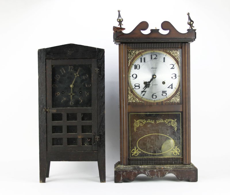 Alaron 31 Day Wooden Clock together with New Haven San: Alaron 31 Day Wooden Clock together with New Haven San Mateo Arts and Crafts Mission Oak Clock. Please Examine This Lot Carefully Before Bidding. Mission Clock Measures 20-1/2 Inches by 9-1/2 Inches.