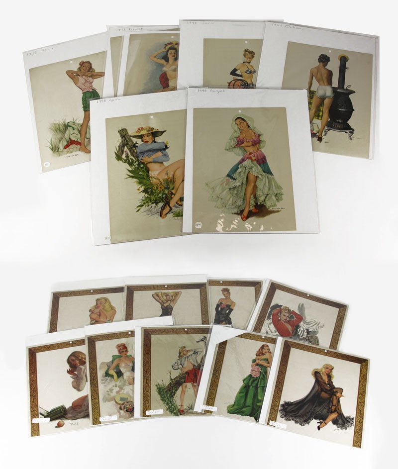 Collection of Nine (9) 1948 Pinup Girl Calendar: Collection of Nine (9) 1948 Pinup Girl Calendar Art together with Seven (7) 1948 Pinup Girl Calendar Art. All with Backing and Protection. Seven (7) Very Good Condition or Better. The Calendar Sheets