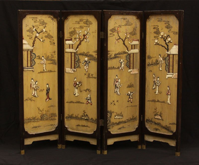Old Chinese Handpainted Wooden Four (4) Paneled Screen (1 of 1)