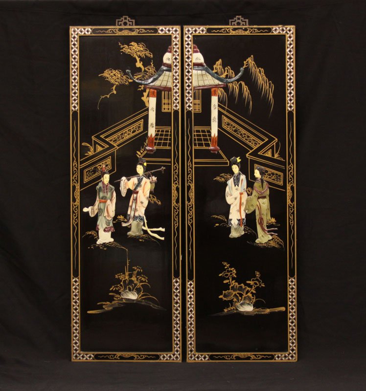 Two (2) Vintage Chinese Lanquered Panels with Applied (1 of 1)