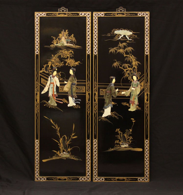 Two (2) Vintage Chinese Lanquered Panels with Applied (1 of 1)