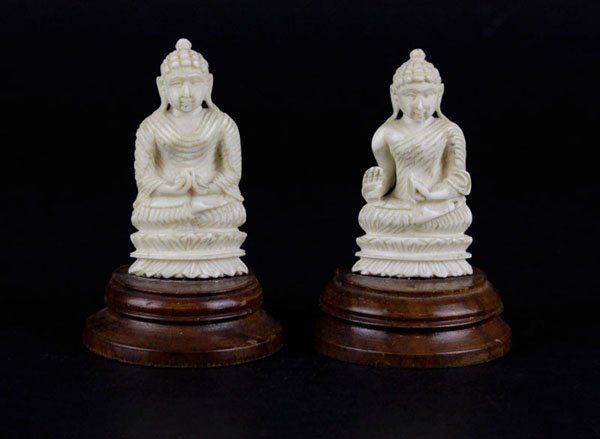 Two (2) Ivory Idols on Wooden Base. Unsigned. Good (1 of 1)