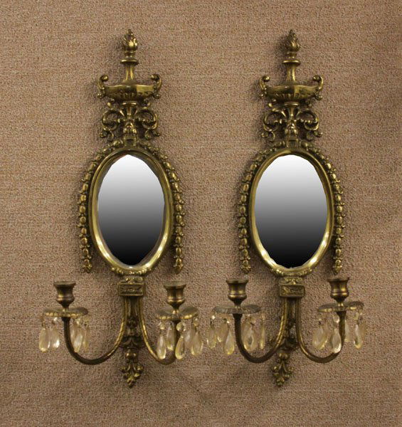 Pair of Brass Mirrored Wall Sconces with Hanging (1 of 1)