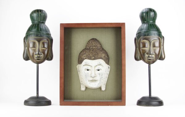 Pair of Chinese Wooden Kwan Yin Mask on Stands along (1 of 1)