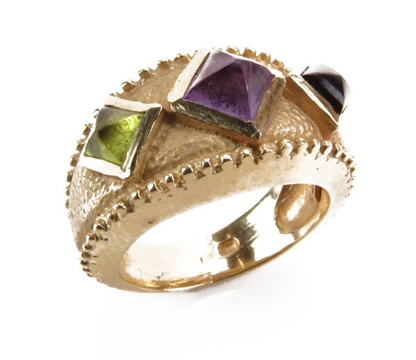 Art Nouveau 14 Karat Yellow Gold Three (3) Stone Amethy (1 of 1)