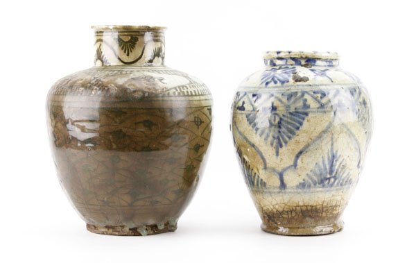 Antique Pair of Glazed Pottery Vases with Neolithic Pat (1 of 1)