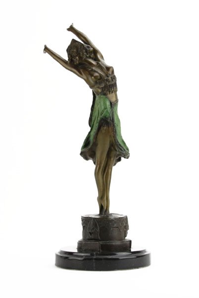 Claire Jeanne-Roberte Colinet (French, 1900s) French: Claire Jeanne-Roberte Colinet (French, 1900s) French Art Deco Bronze Nude Sculpture of a Swanging Deco on Marble Base. Signed to Base. Green Coal Painted Finish to Skirt. Measures 19 Inches Tall. We W