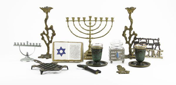 Box Lot of Various Judaic Pcs. Includes Candlesticks, (1 of 1)