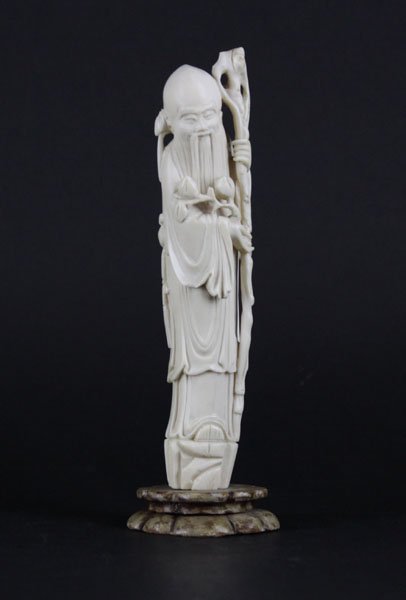19th C. Chinese Carved Ivory Staff Holding Elder Figure (1 of 2)