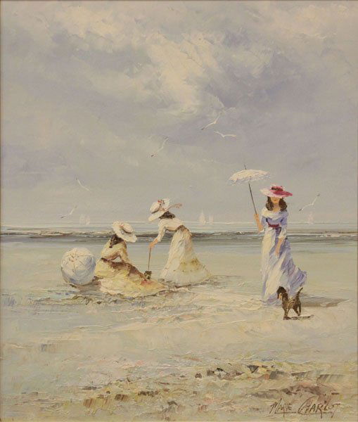Marie Charlot (Belgium?) Beautiful Impressionist Oil on: Marie Charlot (Belgium?) Beautiful Impressionist Oil on Canvas of a Victorian Beach Scene Signed Right. Good Condition. Measures 32 Inches High by 28 Inches Wide. Shipping $110.00