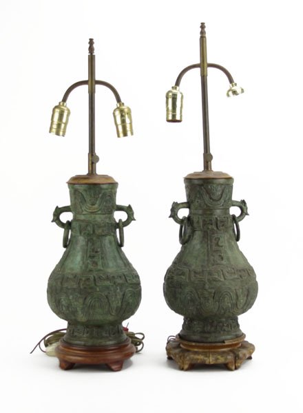 Pair Chinese Archaistic Bronze Vases Mounted as Lamps. (1 of 1)