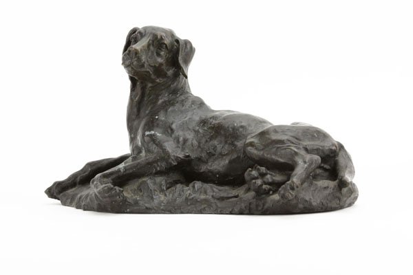 White Metal Resting Dog Sculpture with Foundry Mark.: White Metal Resting Dog Sculpture with Foundry Mark. Missing Base, Dirty or else Good Condition. Measures 6-1/2 Inches Tall by 11-1/2 Inches Long. Shipping $35.00