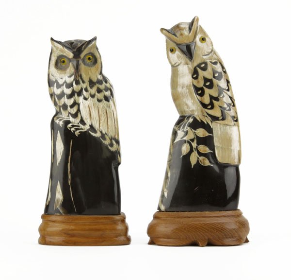 Two (2) Carved Horn Asian Owl Figures on Wooden Base. (1 of 1)