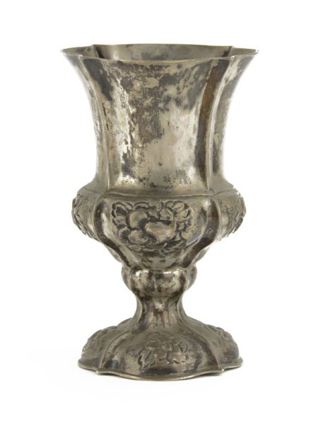 Antique Continental Silver Repousse Cup. Hallmarked.: Antique Continental Silver Repousse Cup. Hallmarked. Monogrammed, Dated 1845. Tarnished and Worn or else Good Condition. Measures 5 Inches Tall. Weighs Approx. 3.6 Troy Ounces. Shipping $20.00